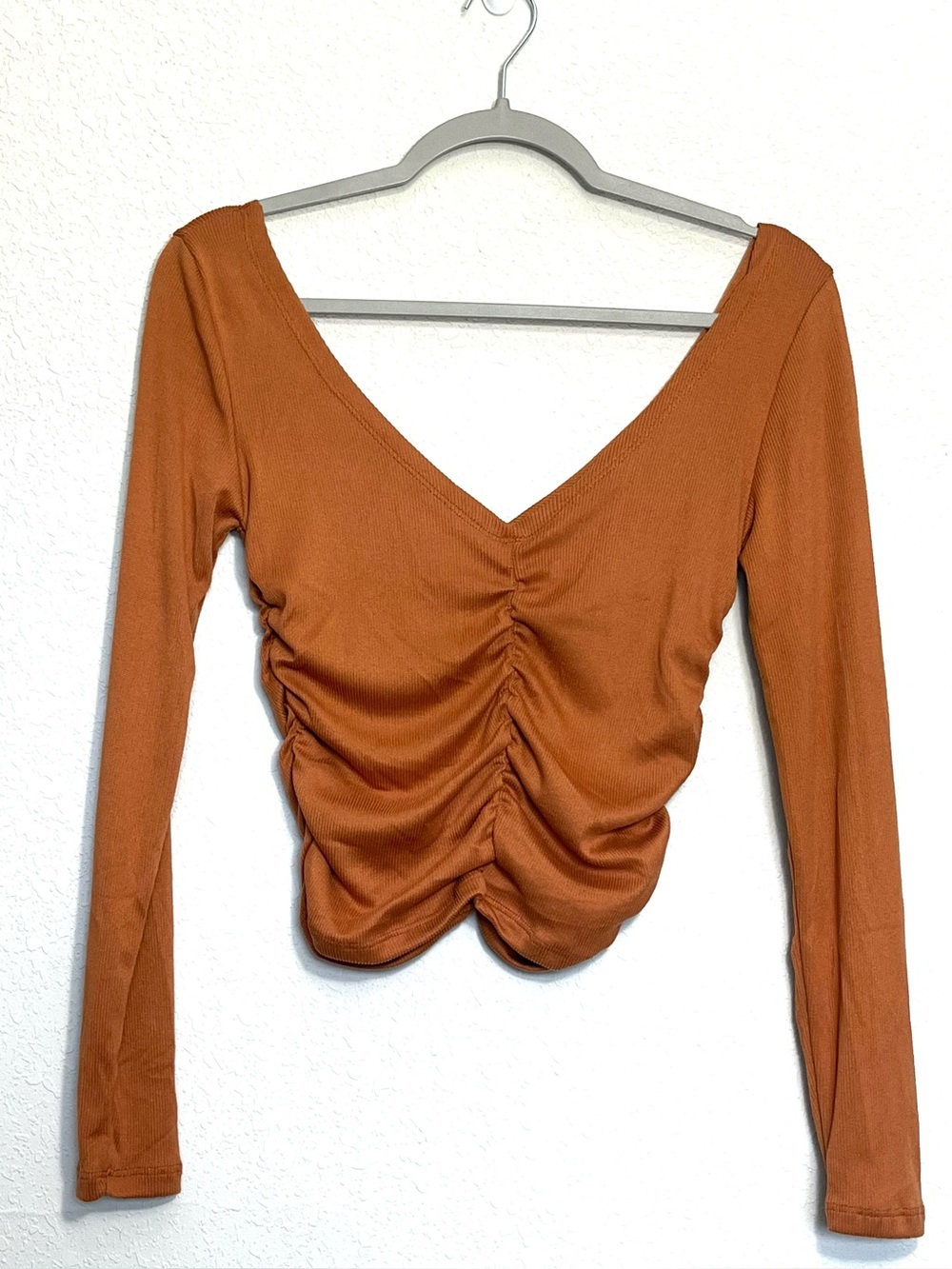POOF NEW YORK Brown Ruched Long Sleeve V-neck Small Y2K Grunge Autumn Whimsigoth